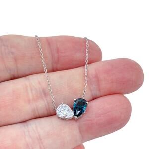Estate Sterling Silver 925 Blue & White Cubic Zirconia Toi et Moi Necklace 18"